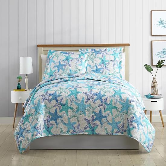 cxmicrotex Ensemble de couvre-lit matelassé imprimé motif coquillage et étoile de mer de style côtier